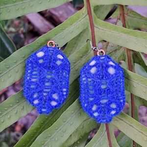 Knit Earrings Blue Hand Dyed Yarn Blue Green Cotton
